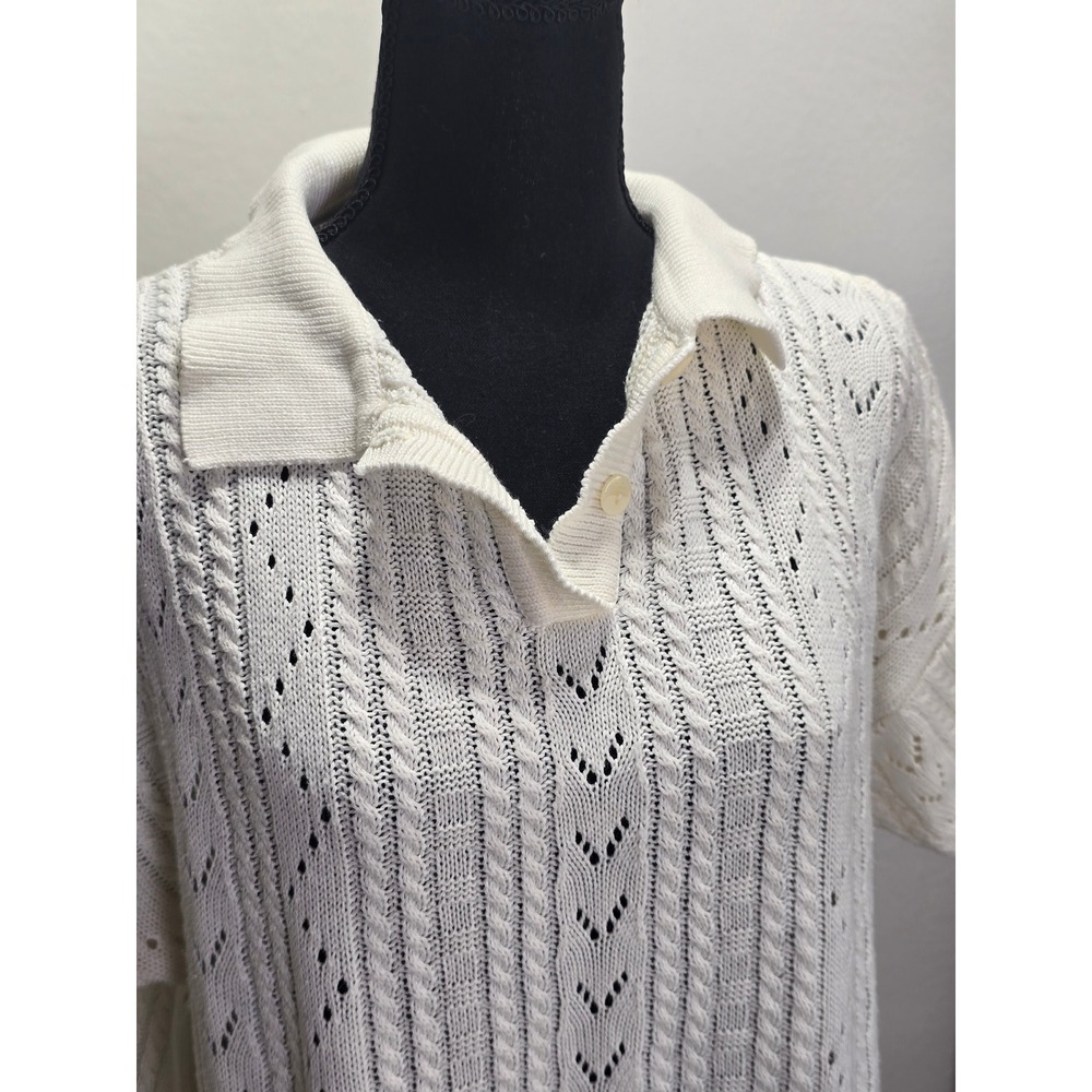 Womens Knit Polo Sweater Cream Short Sleeve Collared Cable Knit Top coastal